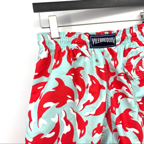 Vilebrequin Men Medium Shorts Swim Trunks Bathing Suit Blue Red Dolphin Printed - Picture 7 of 13